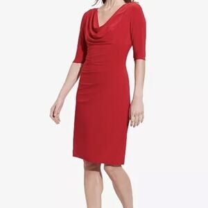 LRL Ralph Lauren CowlNeck Dress Women 10 Lakehouse Red Short Sleeve Lined Sheath